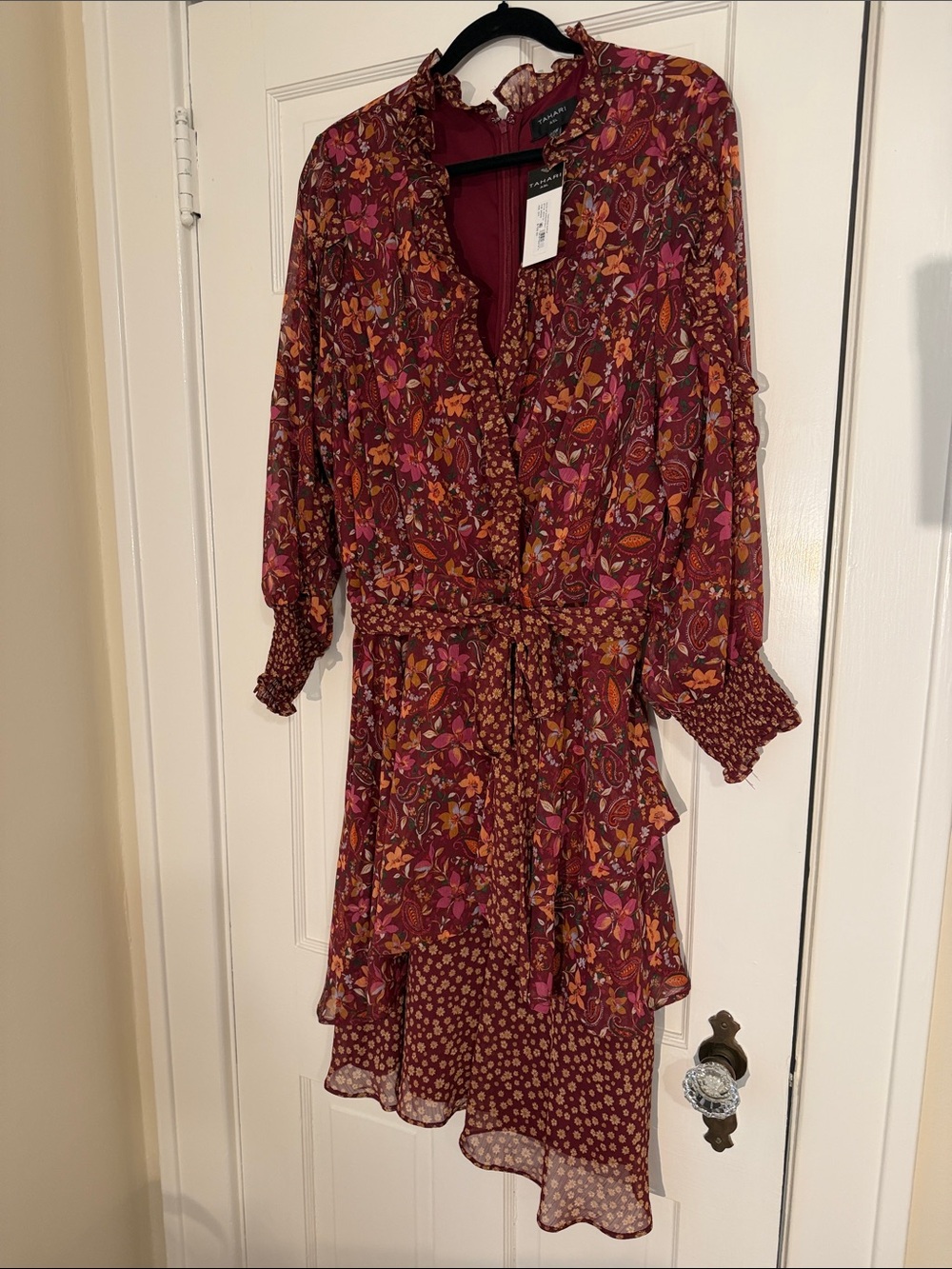 Tahari Burgundy Floral Asymmetrical Ruffle Dress